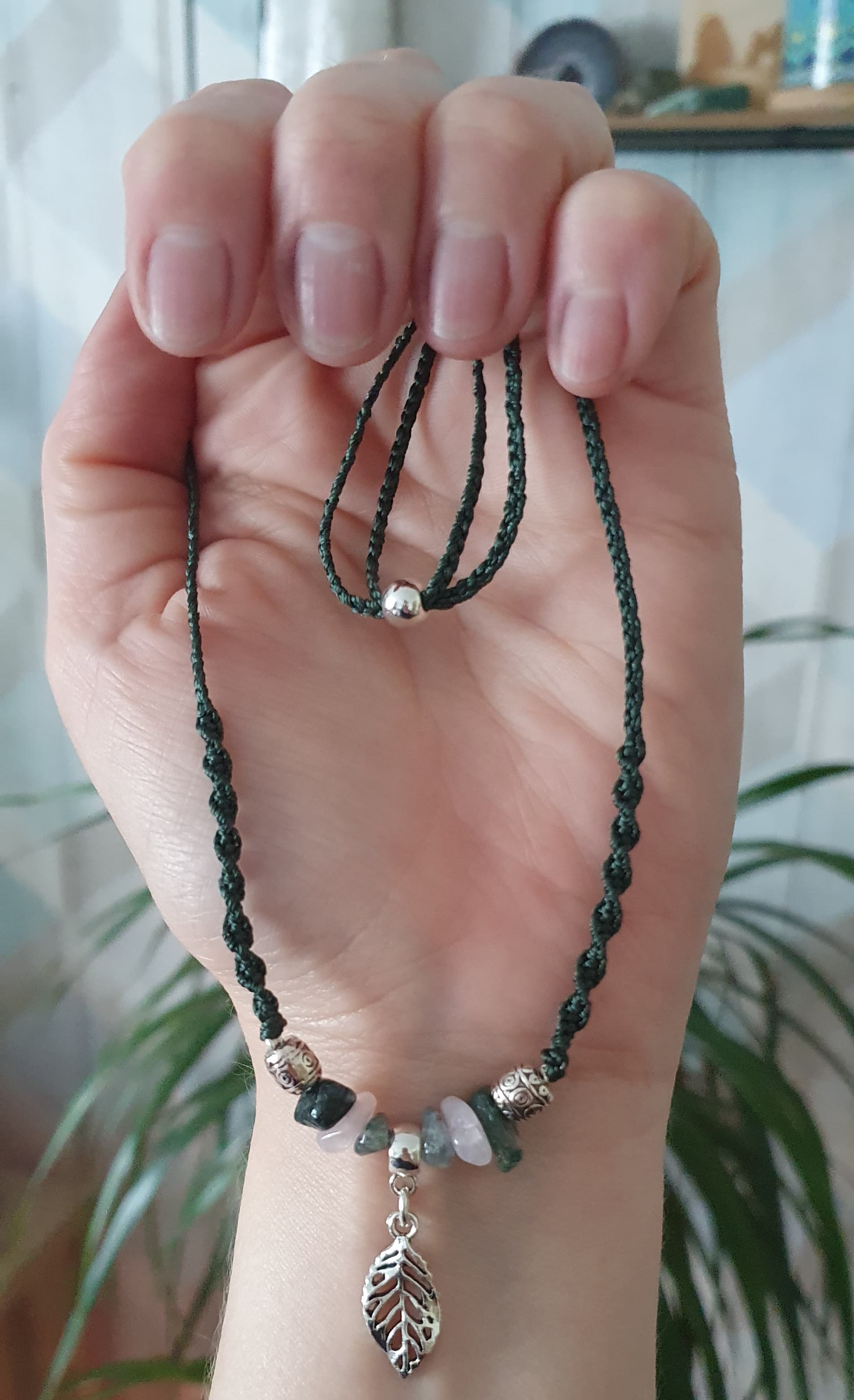 "Rose Quartz & Green Moss Agate Leaf Necklace"